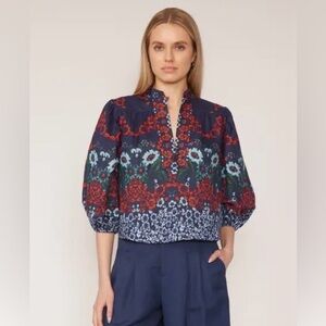 Gilner Farrar Floral Puff Sleeve V Neck Blouse